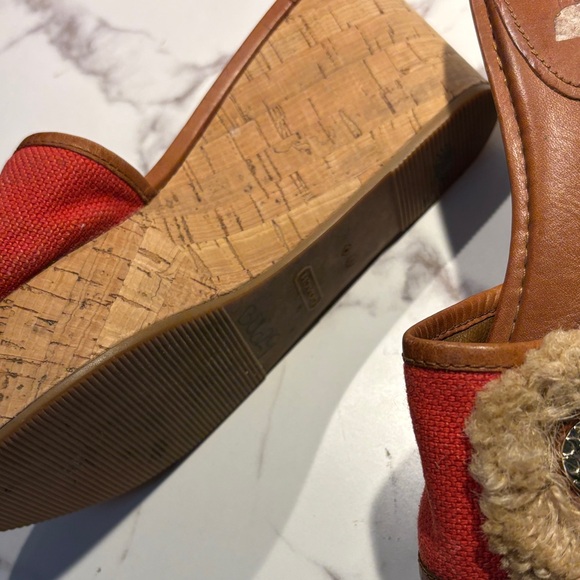 Coach Red Canvas Wedge Slide Sandals with Tan Leather Trim size 8? - Picture 9 of 13